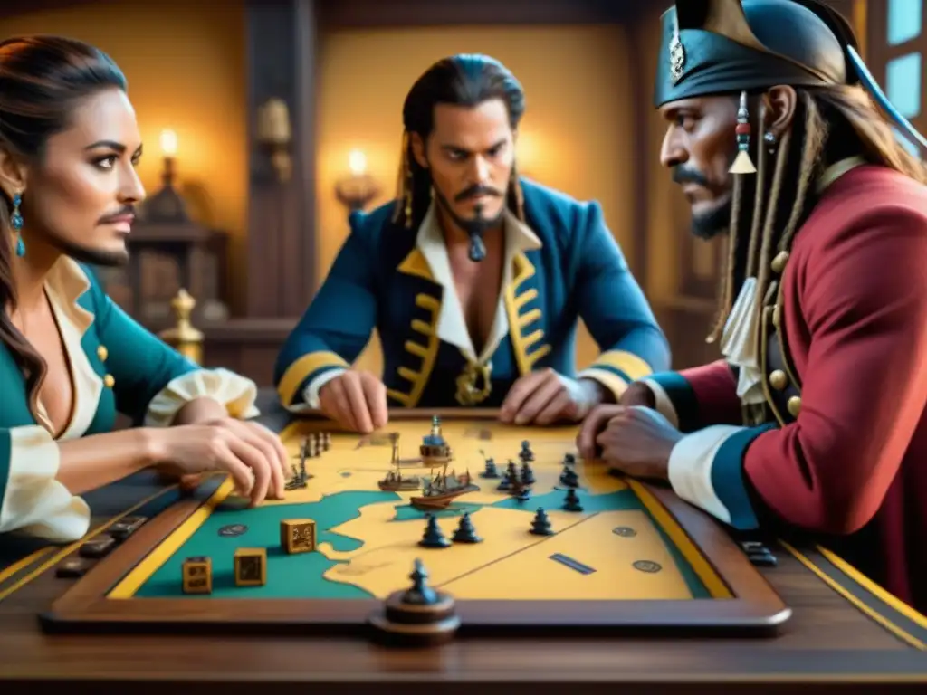Emoción en el tablero: Partida épica de Piratas del Caribe Amigos concentrados en un juego de mesa de Piratas del Caribe en una sala llena de juegos