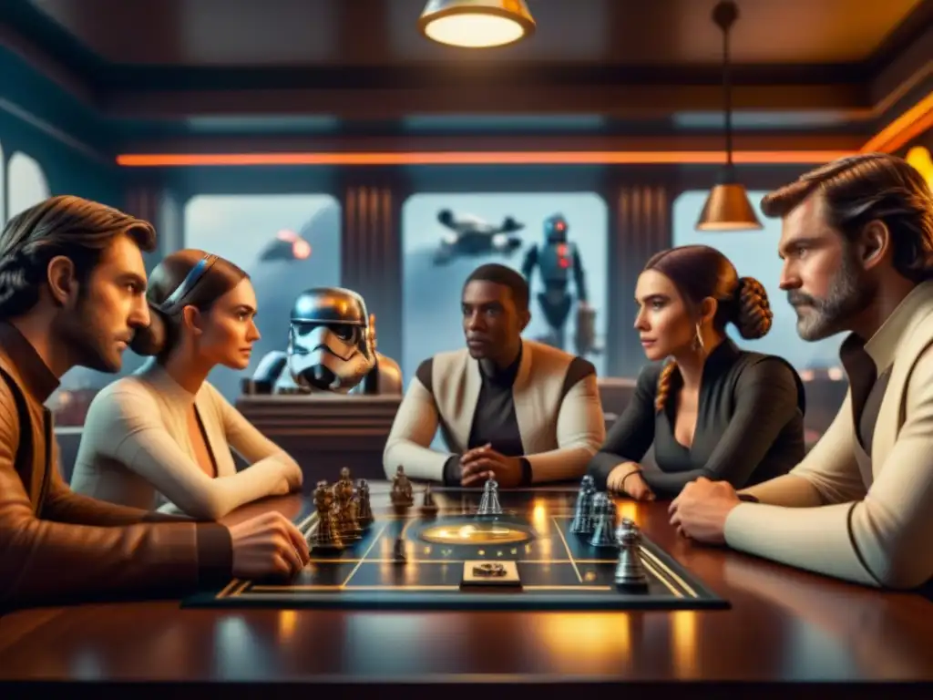 Amigos concentrados en un juego de mesa Star Wars en una habitación nostálgica y envolvente