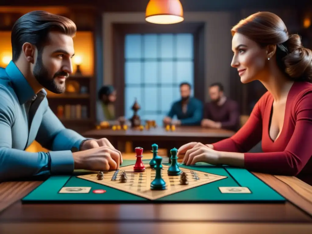 Amigos concentrados en juego de mesa, rodeados de estanterías repletas de juegos