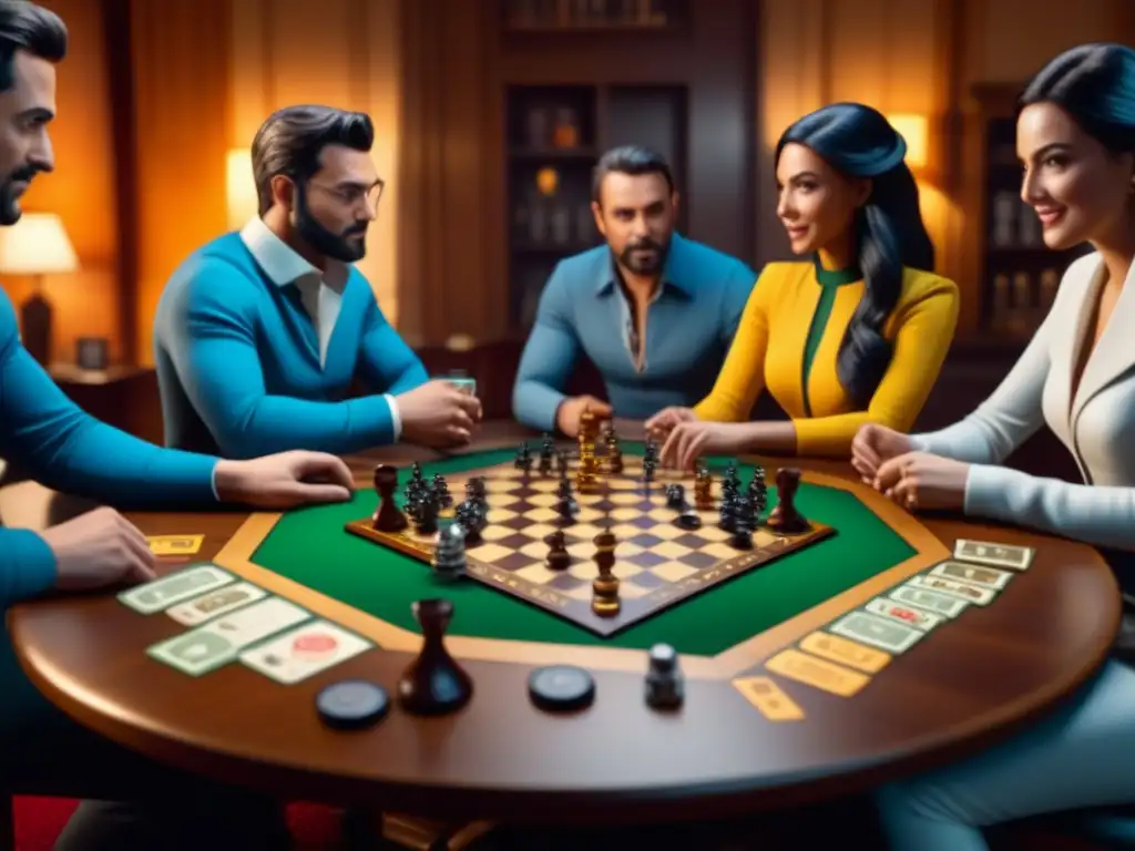 Amigos concentrados en el juego de mesa 'Clank! ', rodeados de diversión y emoción en una noche de juegos