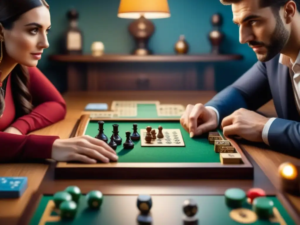 Emoción y camaradería: Partida de juegos de mesa entre amigos Amigos concentrados en un juego de mesa, piezas detalladas y ambiente acogedor