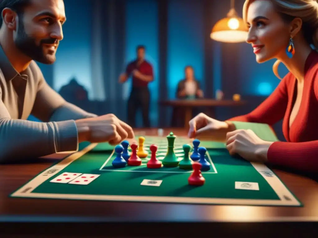 Amigos concentrados en un juego de mesa, resaltando la emoción de la partida