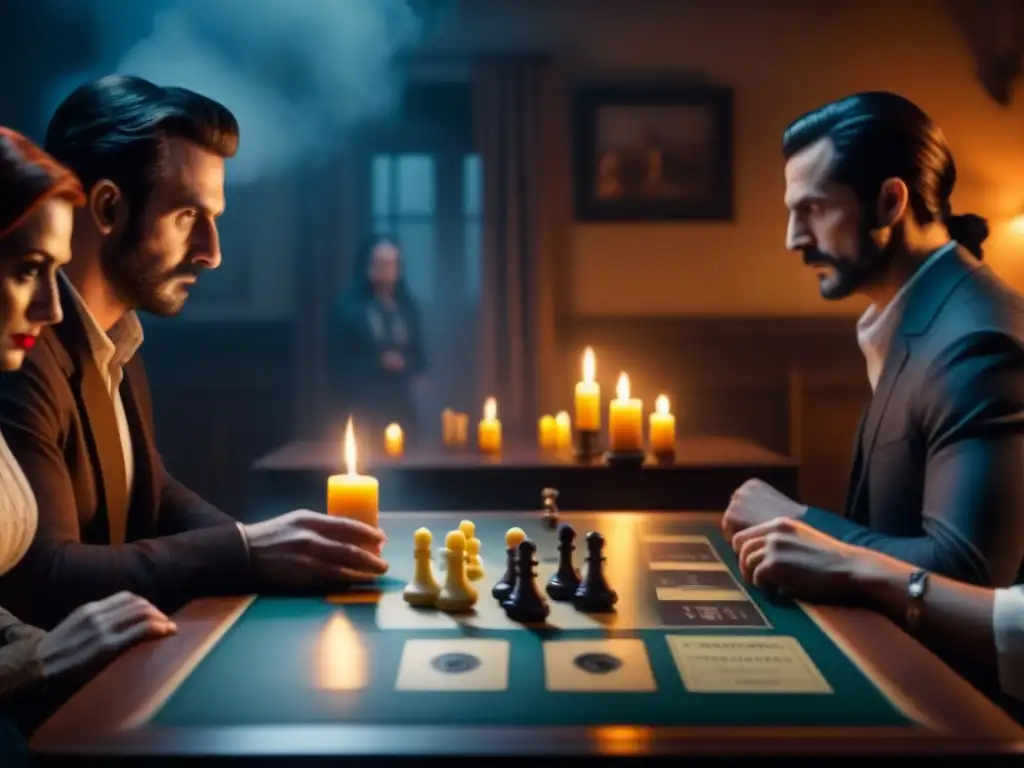 Amigos concentrados en juego de mesa de terror, rodeados de velas y sombras inquietantes