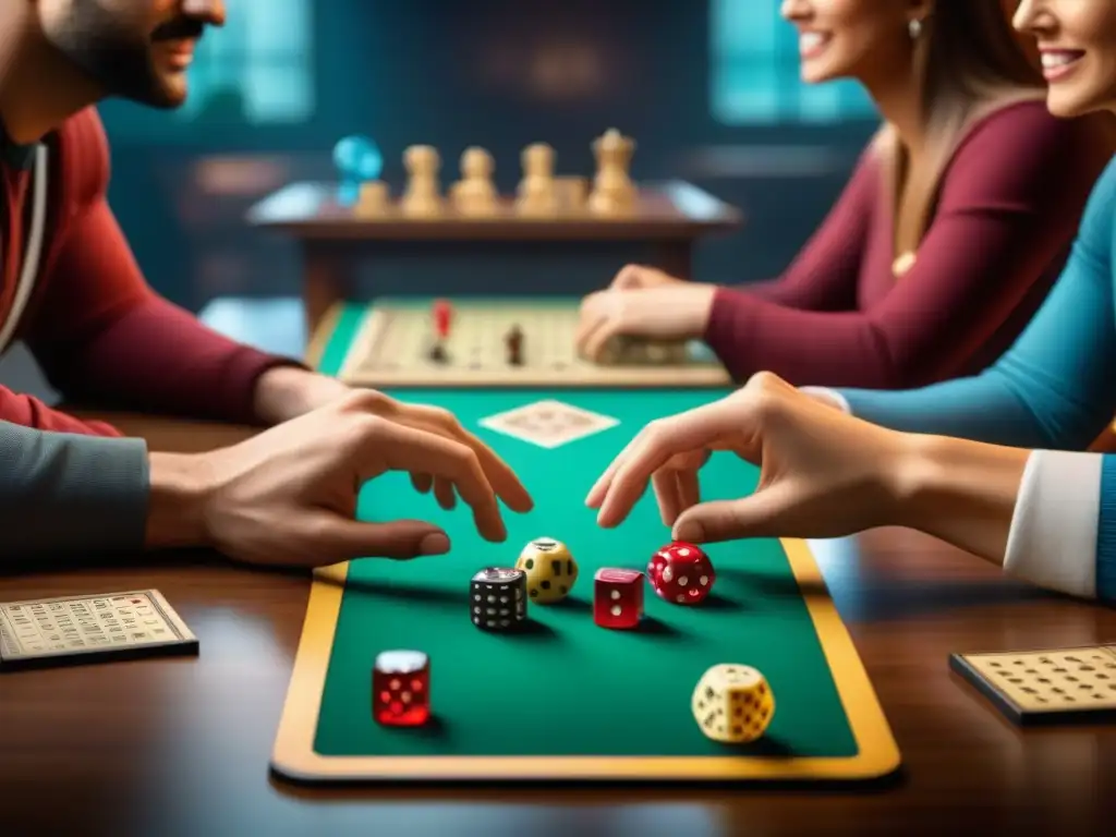 Amigos concentrados en juegos de mesa, moviendo piezas y cartas con emoción