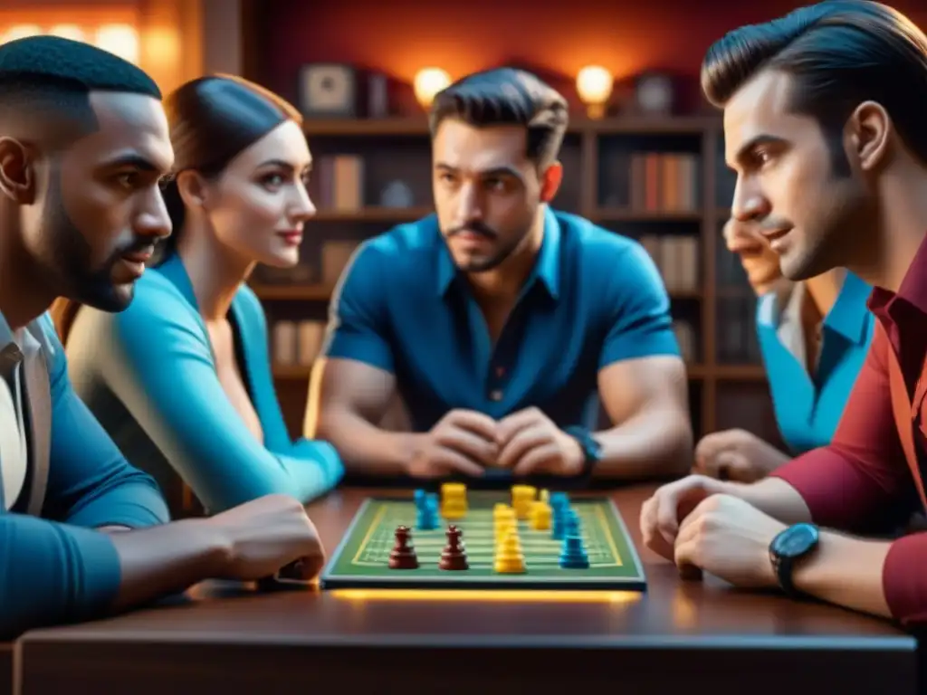 Amigos concentrados disfrutan del storytelling en juegos de mesa, inmersos en una partida emocionante