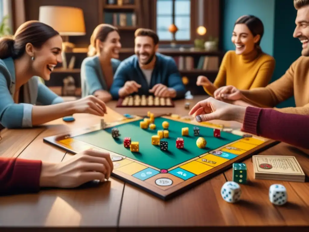 Amigos disfrutan y planean con emoción en juego de mesa en mesa de madera