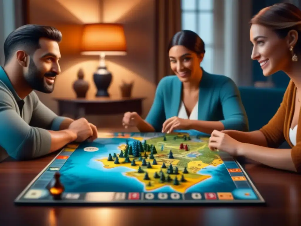 Amigos emocionados juegan un juego de mesa detallado, concentrados en estrategias