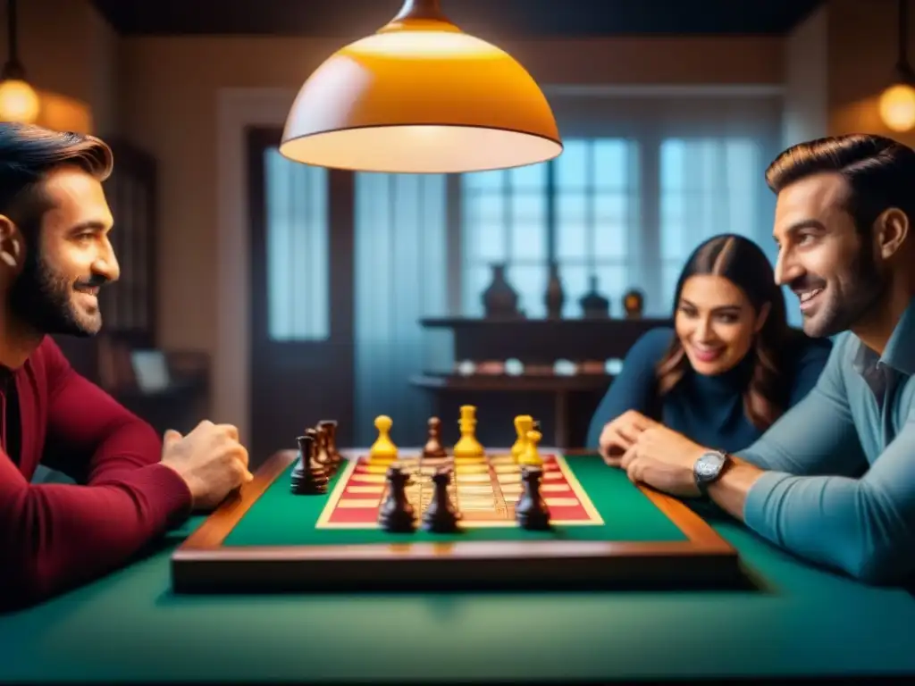 Amigos emocionados compiten en juegos de mesa, con caras iluminadas por lámpara, creando un ambiente cálido y divertido