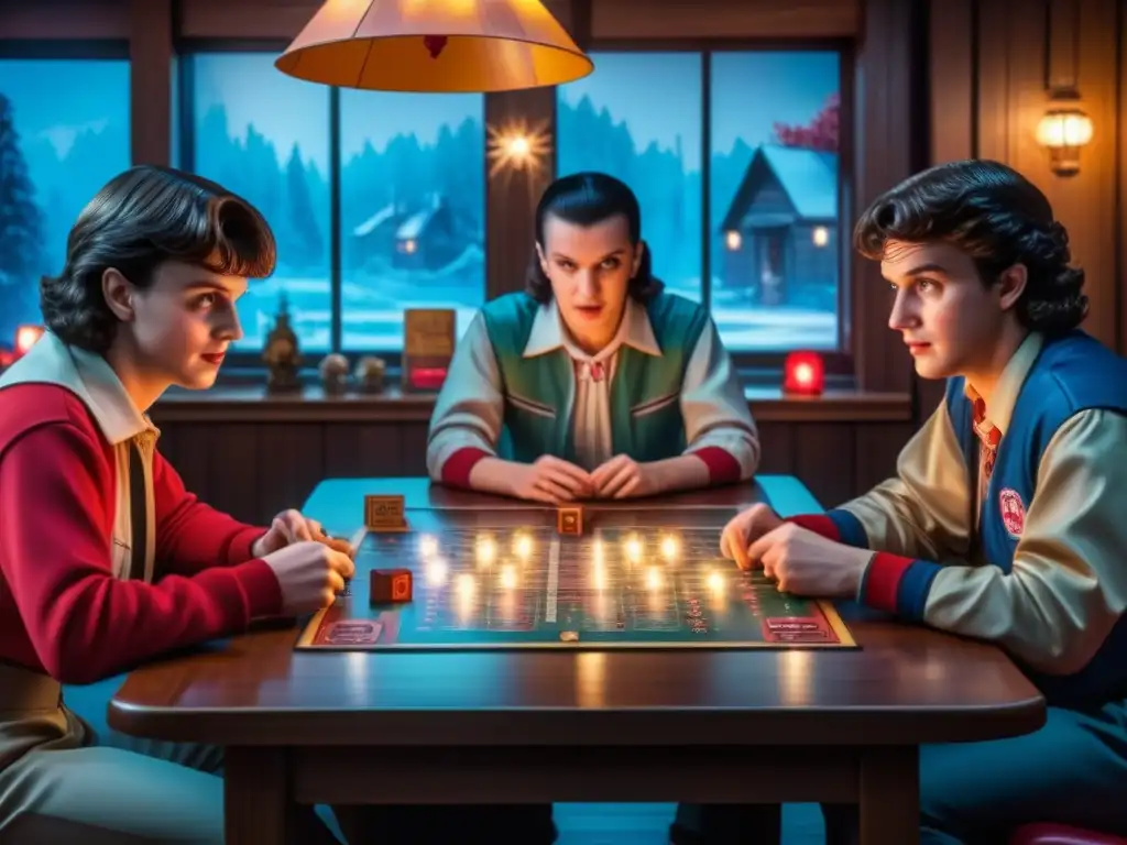 Amigos disfrutan del emocionante 'Stranger Things juego de mesa' en una noche nostálgica de juegos de mesa