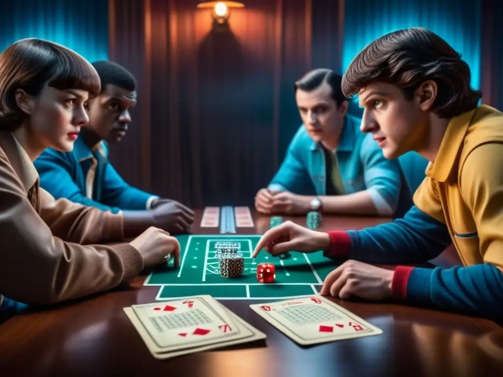 Amigos jugando un emocionante juego de mesa inspirado en 'Stranger Things' con ambiente misterioso y nostálgico