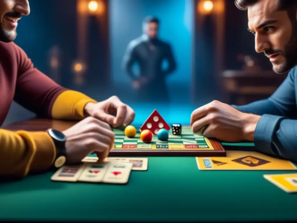 Amigos disfrutando de un emocionante juego de mesa, con expresiones de alegría