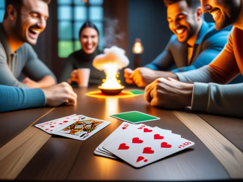 Amigos disfrutan emocionante partida de Psicología Exploding Kittens, revelando diversión y camaradería en la noche de juegos