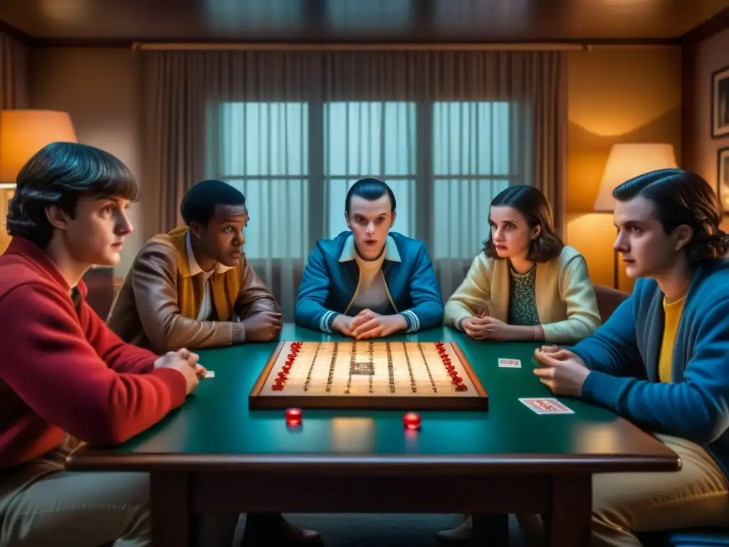 Amigos disfrutan de emocionante partida de 'Stranger Things juego de mesa' en acogedora sala iluminada