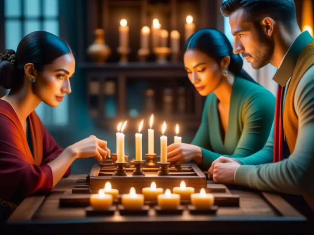 Amigos resolviendo enigmas en una mesa iluminada por velas en una sesión de rol inmersiva