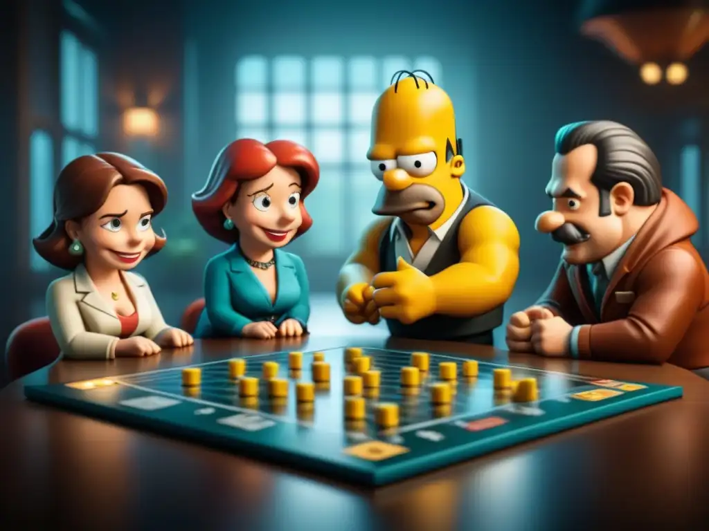 Amigos disfrutan estrategias juego mesa Los Simpson, inmersos en diversión y camaradería