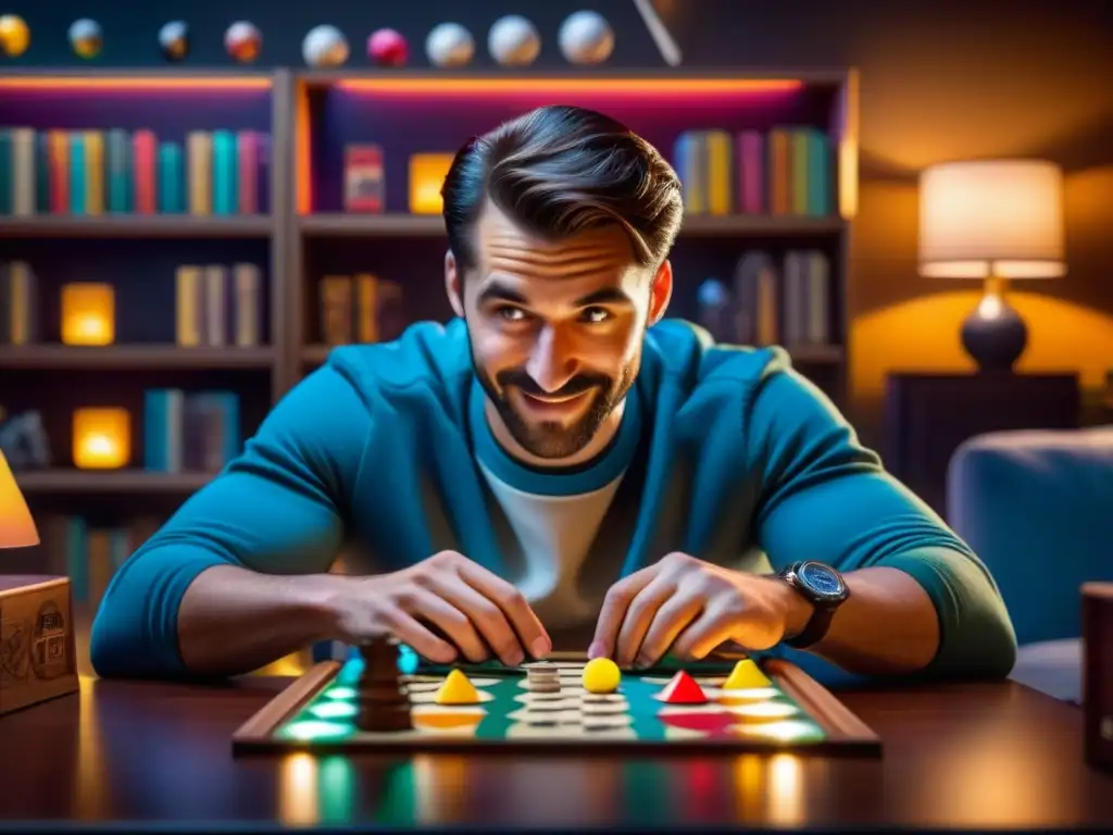 Amigos disfrutan de estrategias juegos de mesa nocturnos en ambiente acogedor y divertido