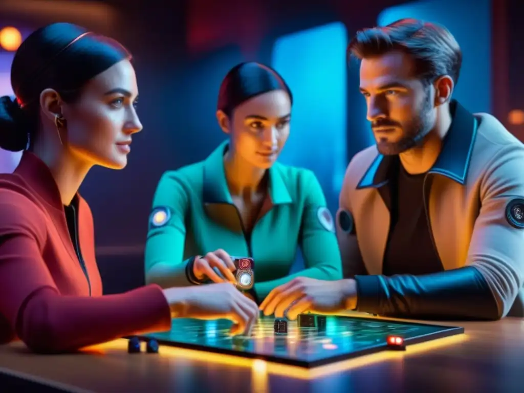 Amigos disfrutan experiencia inmersiva con tecnología wearable en juego de mesa holográfico