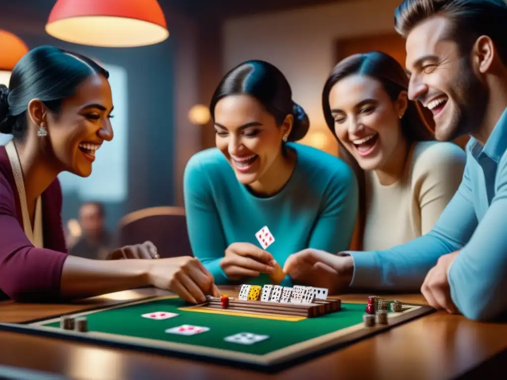 Amigos felices jugando un juego de mesa en una noche acogedora e iluminada, transmitiendo diversión y camaradería