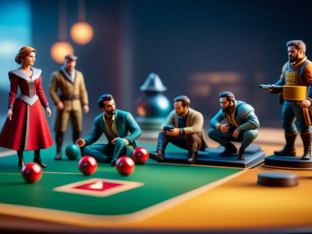 Amigos disfrutan de futuros juegos de mesa realidad aumentada con piezas intrincadas y elementos holográficos