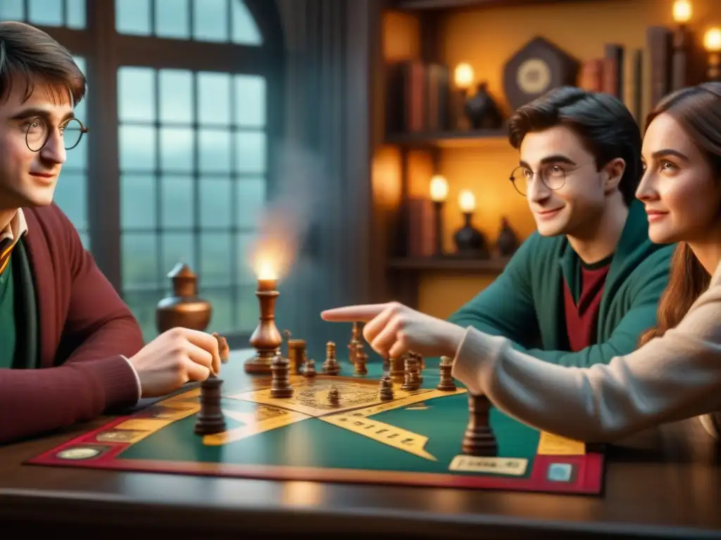 Amigos inmersos en un juego de mesa Harry Potter, con expresiones de emoción y concentración, rodeados de magia y camaradería