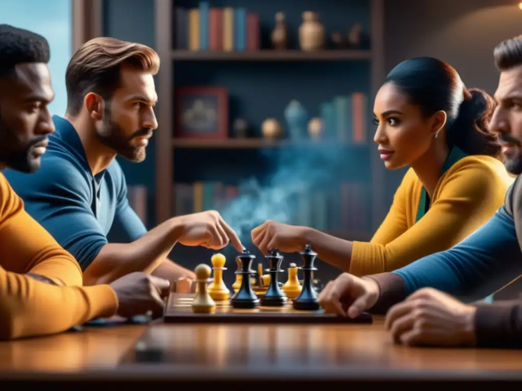 Amigos disfrutan intensa partida de juegos de mesa, reflejando la emoción y concentración