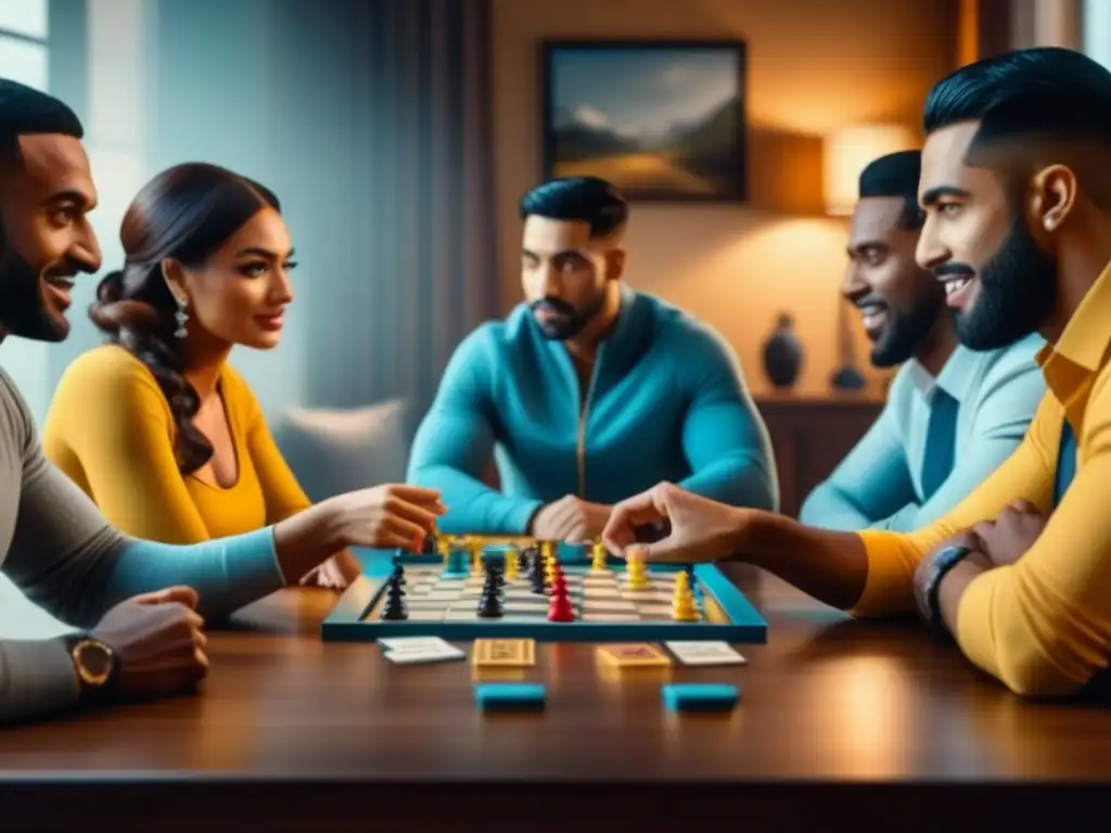 Amigos disfrutan con intensidad un juego de mesa, mezclando competitividad y camaradería, impacto juegos de mesa relaciones