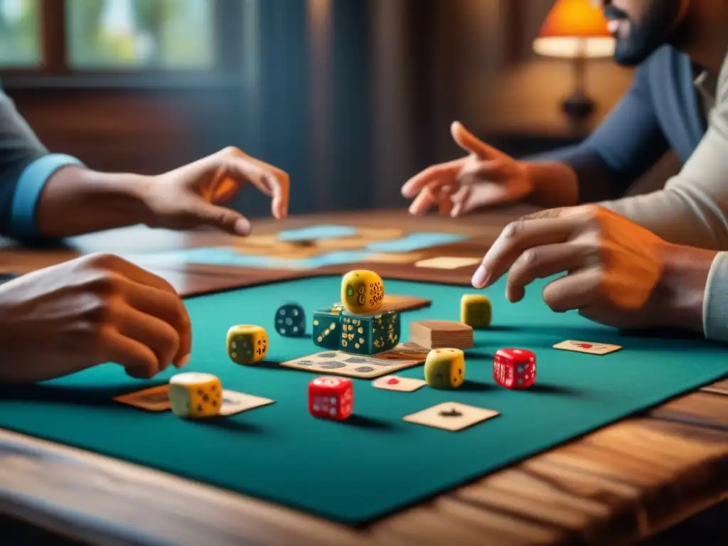 Amigos disfrutando de un intenso juego de mesa, con piezas y cartas coloridas en una mesa de madera