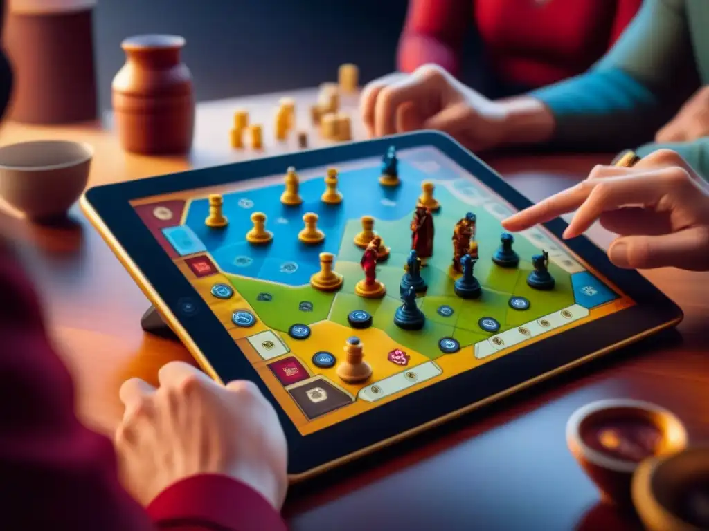 Amigos disfrutan intensamente del juego de Catan con la app móvil en una acogedora noche de juegos