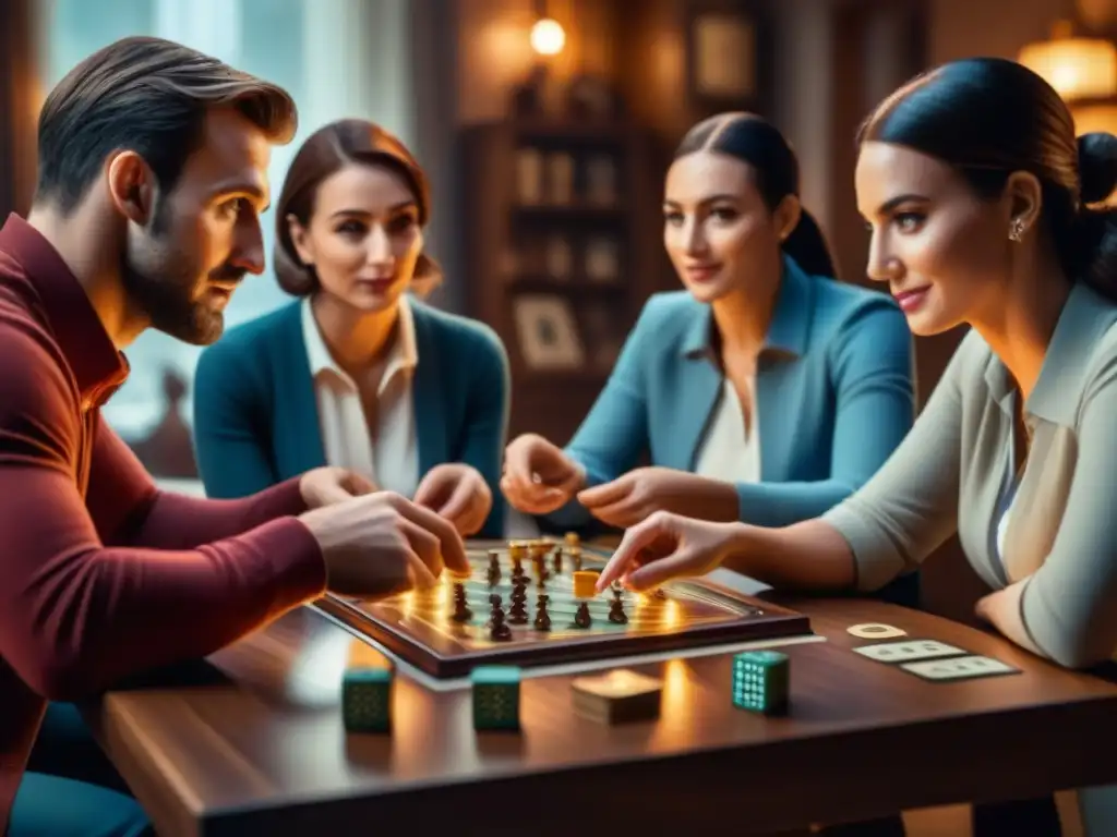 Una fotografía documentar de amigos disfrutando de un juego de mesa con iluminación cálida y acogedora