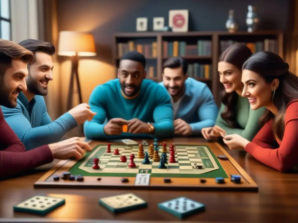 Amigos disfrutan de juego de mesa en ambiente acogedor, mostrando camaradería