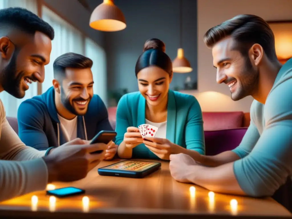 Amigos organizando juego de mesa con aplicaciones móviles en sala acogedora