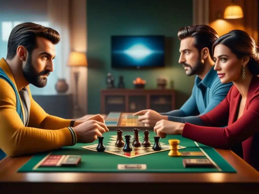 Amigos disfrutan de un juego de mesa basado en películas o series, inmersos en la estrategia y emoción del juego