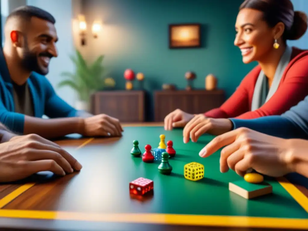 Amigos disfrutan de un juego de mesa, mostrando los beneficios de los juegos de mesa