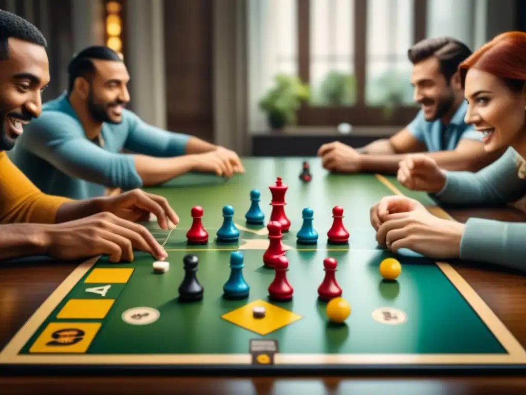 Amigos disfrutando de un juego de mesa, reflejando beneficios en relaciones y diversión