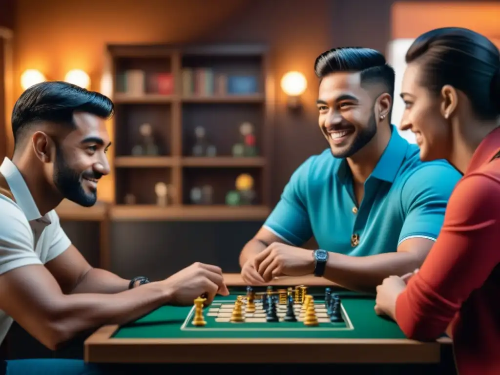 Amigos disfrutando de un juego de mesa en un club, reflejando camaradería y diversión