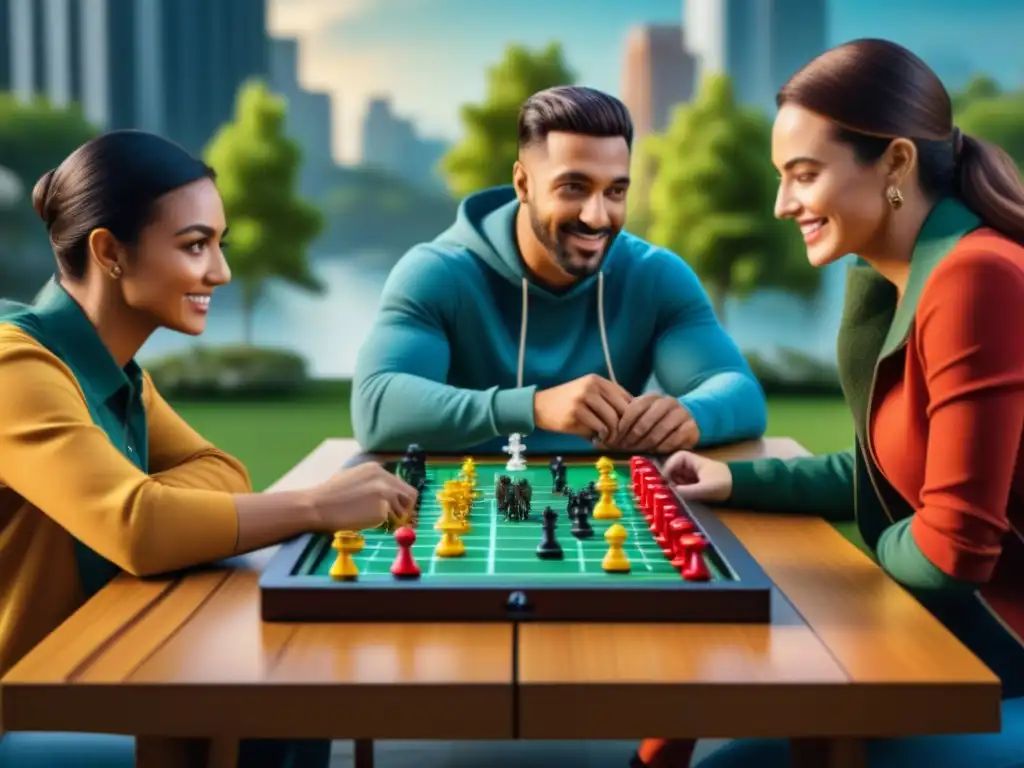 Amigos disfrutan de un juego de mesa móvil colorido en un parque urbano