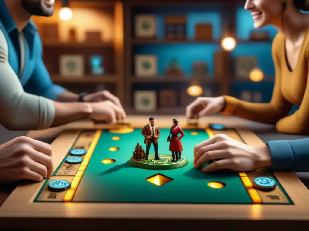 Amigos disfrutan de juego de mesa, concentrados en detalles que enriquecen la experiencia