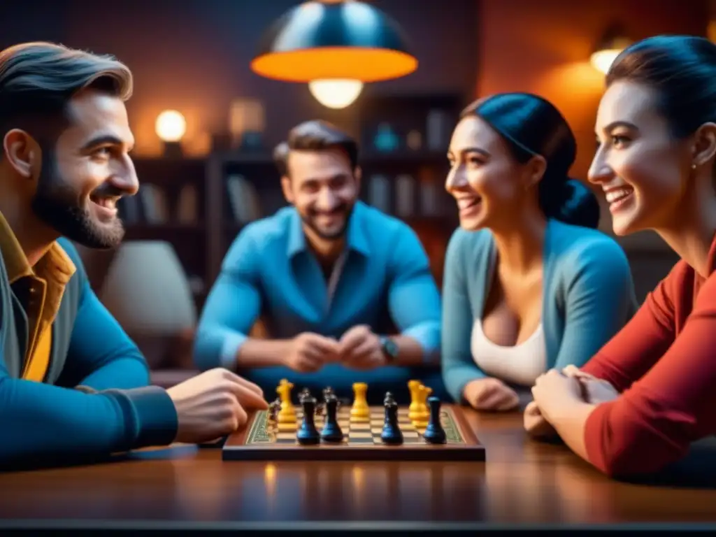 Amigos disfrutan de un juego de mesa con detalles y emoción, en ambiente acogedor