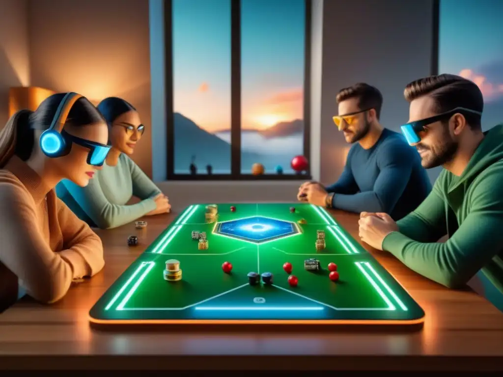 Amigos disfrutan de juego de mesa con elementos de realidad aumentada, fusionando lo tradicional con lo innovador