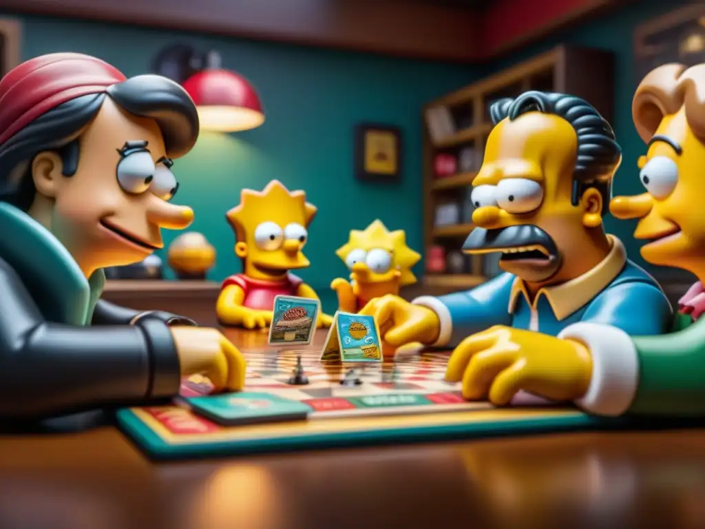 Amigos disfrutan del juego de mesa Los Simpsons con emoción y risas, rodeados de elementos icónicos de la serie en una mesa detallada