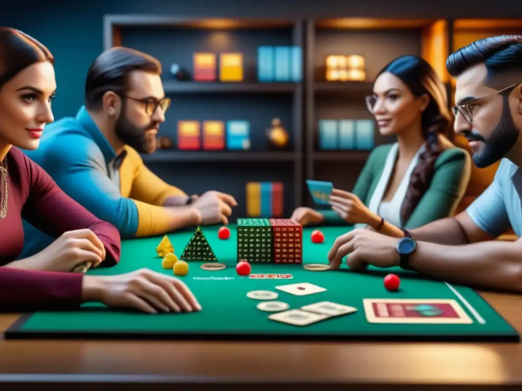 Amigos disfrutan de un juego de mesa estratégico con piezas y cartas coloridas