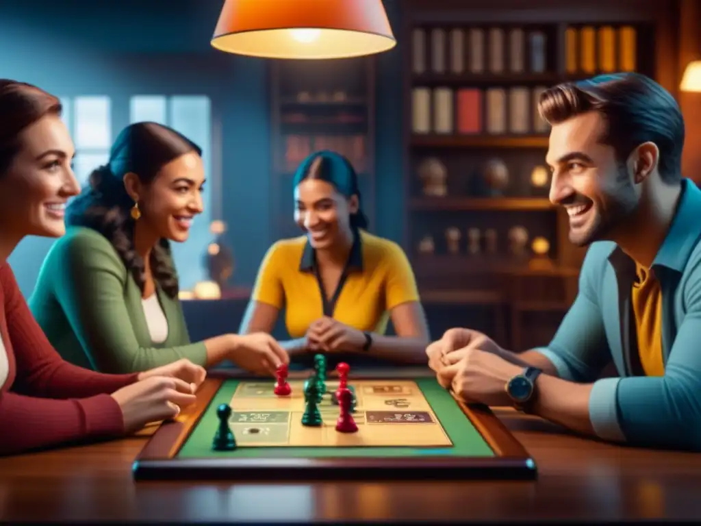 Amigos disfrutan de un juego de mesa, con expresiones de alegría y concentración bajo la cálida luz de una lámpara