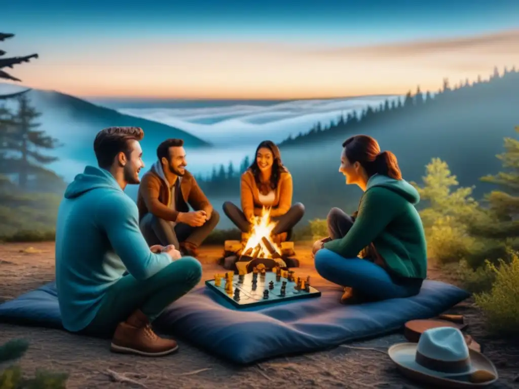 Amigos juegan a un juego de mesa alrededor de fogata al anochecer, en preparativos para campamento de juegos