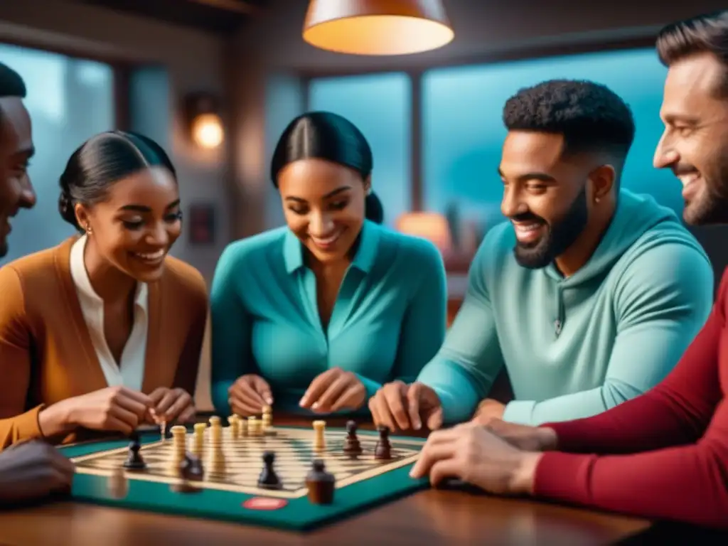 Amigos disfrutando de un juego de mesa, creando lazos cercanos y beneficios juegos de mesa relaciones