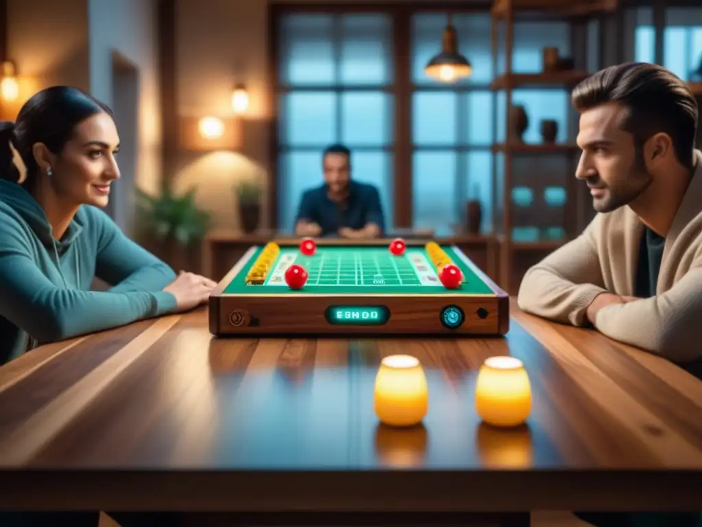 Amigos disfrutan de juego de mesa en mesa de madera iluminada, con aplicaciones inmersivas para juegos de mesa en laptop cercano