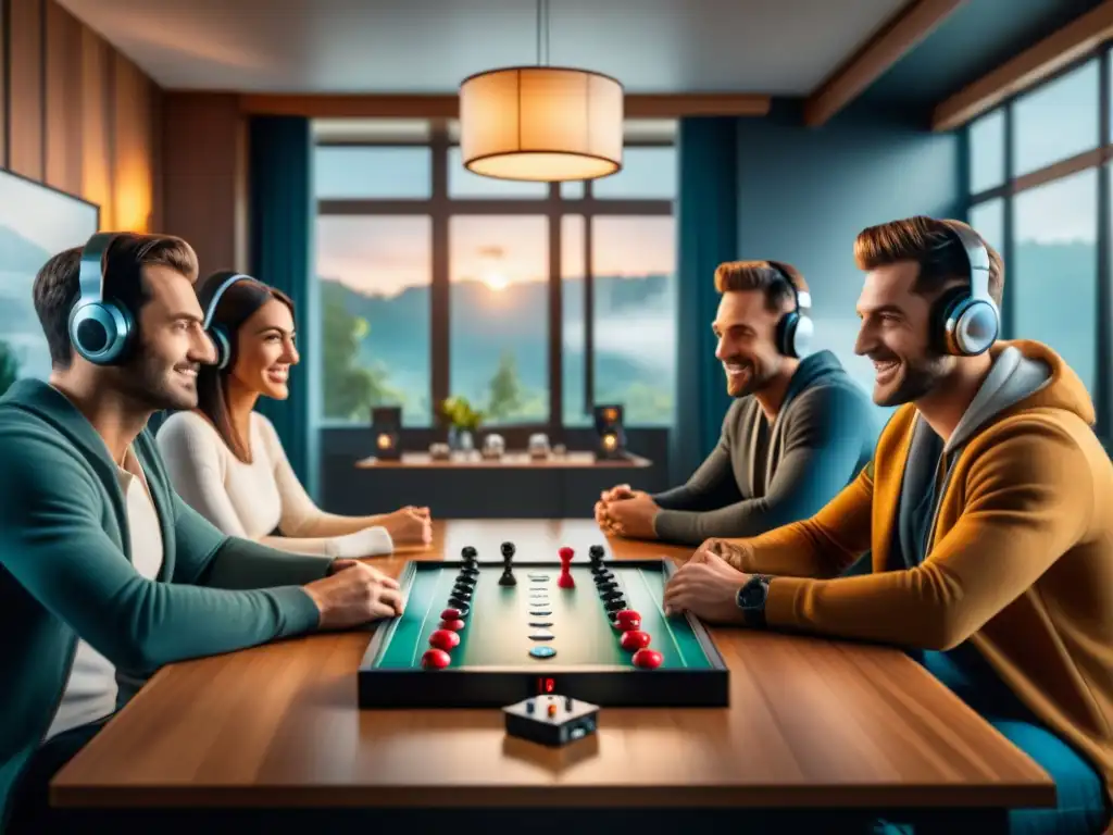 Amigos disfrutan de un juego de mesa con un moderno sistema de sonido