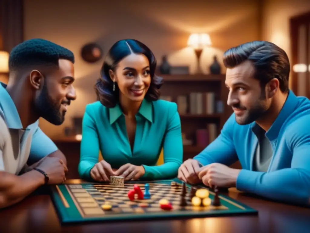 Amigos disfrutan del juego de mesa Friends con emoción y concentración en una noche de diversión