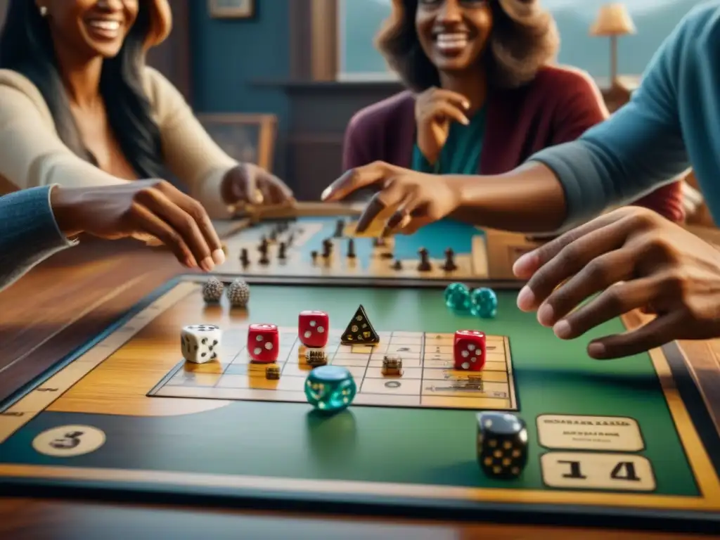 Amigos disfrutando de un juego de mesa, mostrando piezas desgastadas y diversión compartida