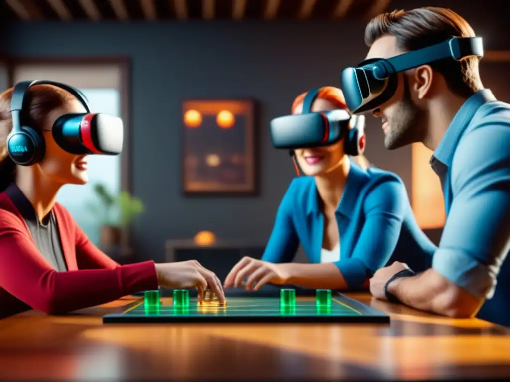 Amigos disfrutan de juego de mesa con Realidad Virtual, fusionando mundos digitales y físicos