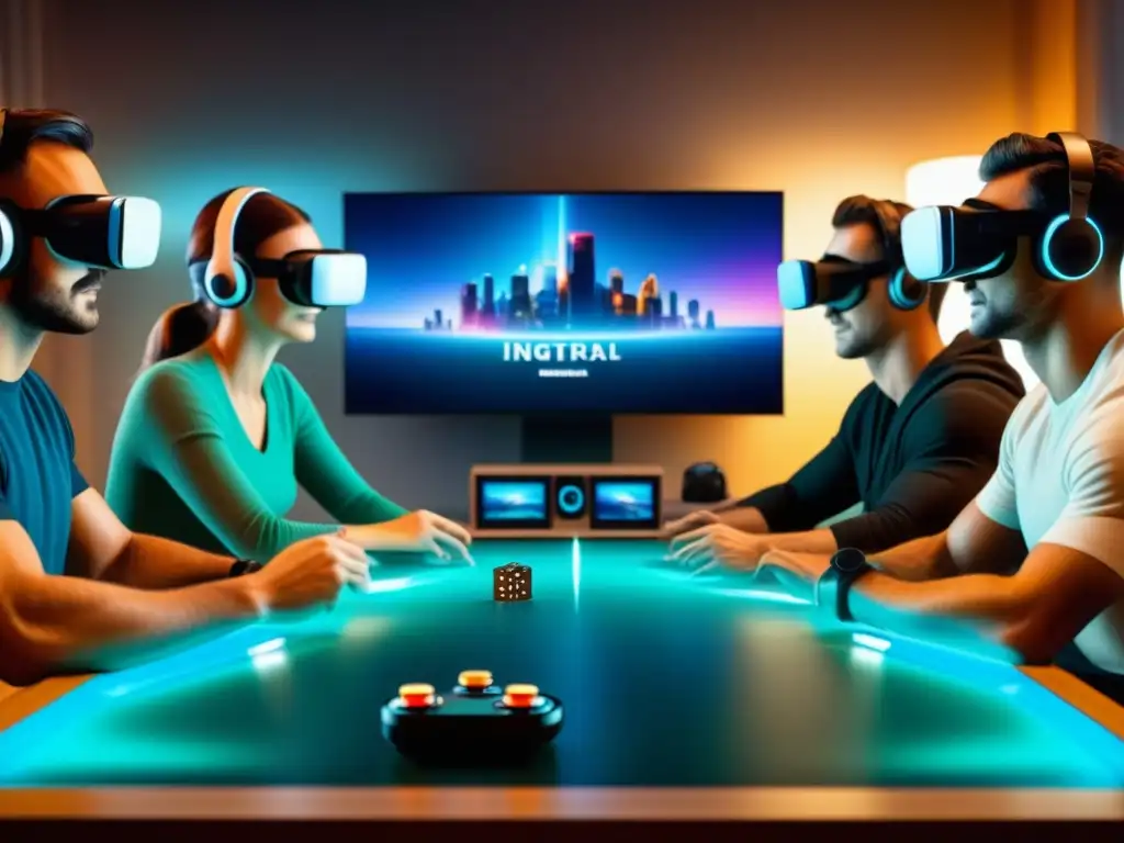 Amigos disfrutan de un juego de mesa en Realidad Virtual, inmersos en emocionante partida futurista